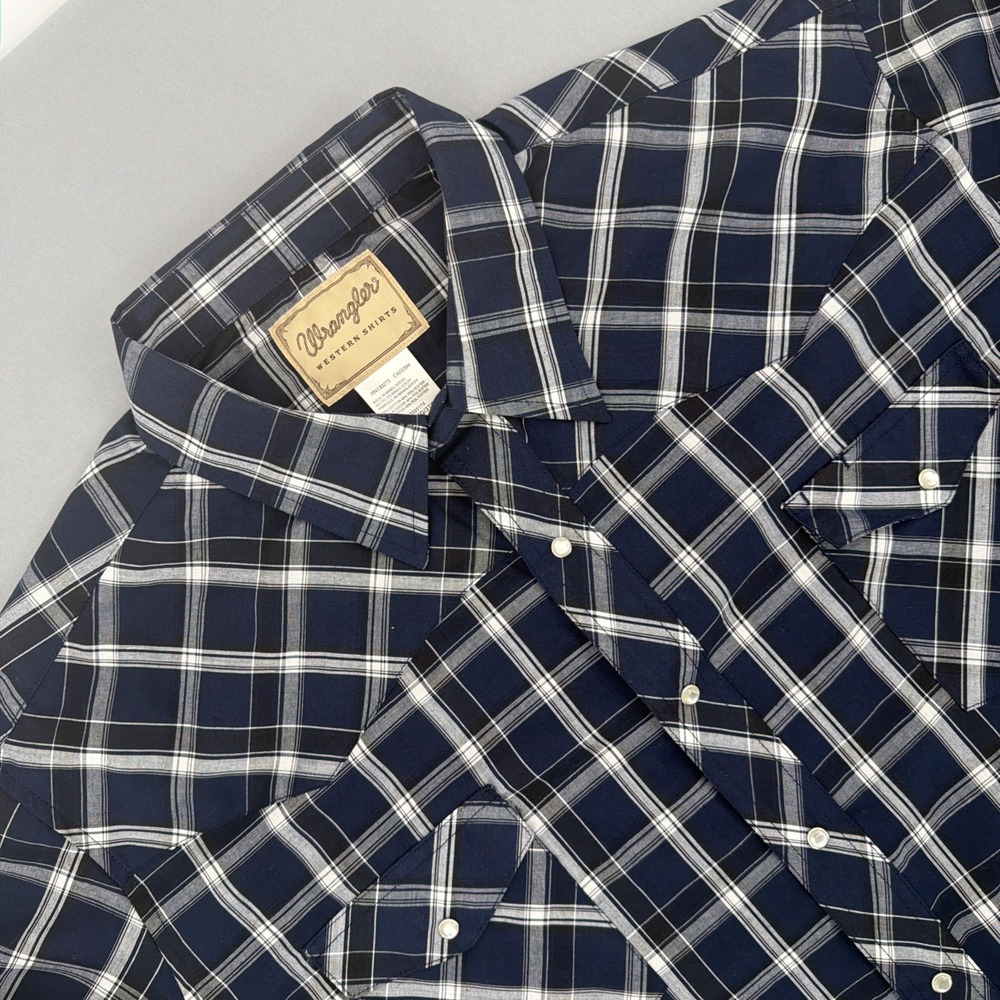 Wrangler Western Plaid Pearl Snap Shirt Men's 3XL XXXL Blue Black Casual Cowboy